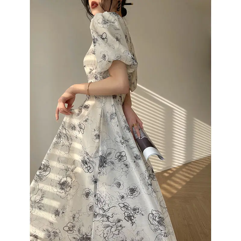 New in dress french vintage luxury embroidery ink painting dress Fashion  Elegant print long 2023 floral dresses for women summer