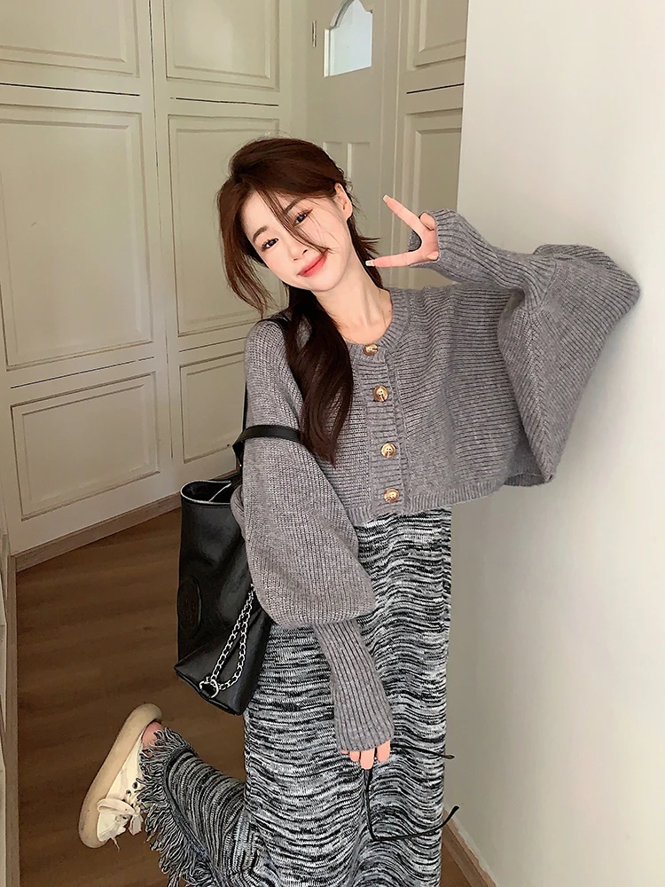 Women's Batwing Balloon-Sleeve Button Front Rib Knitted Slouchy