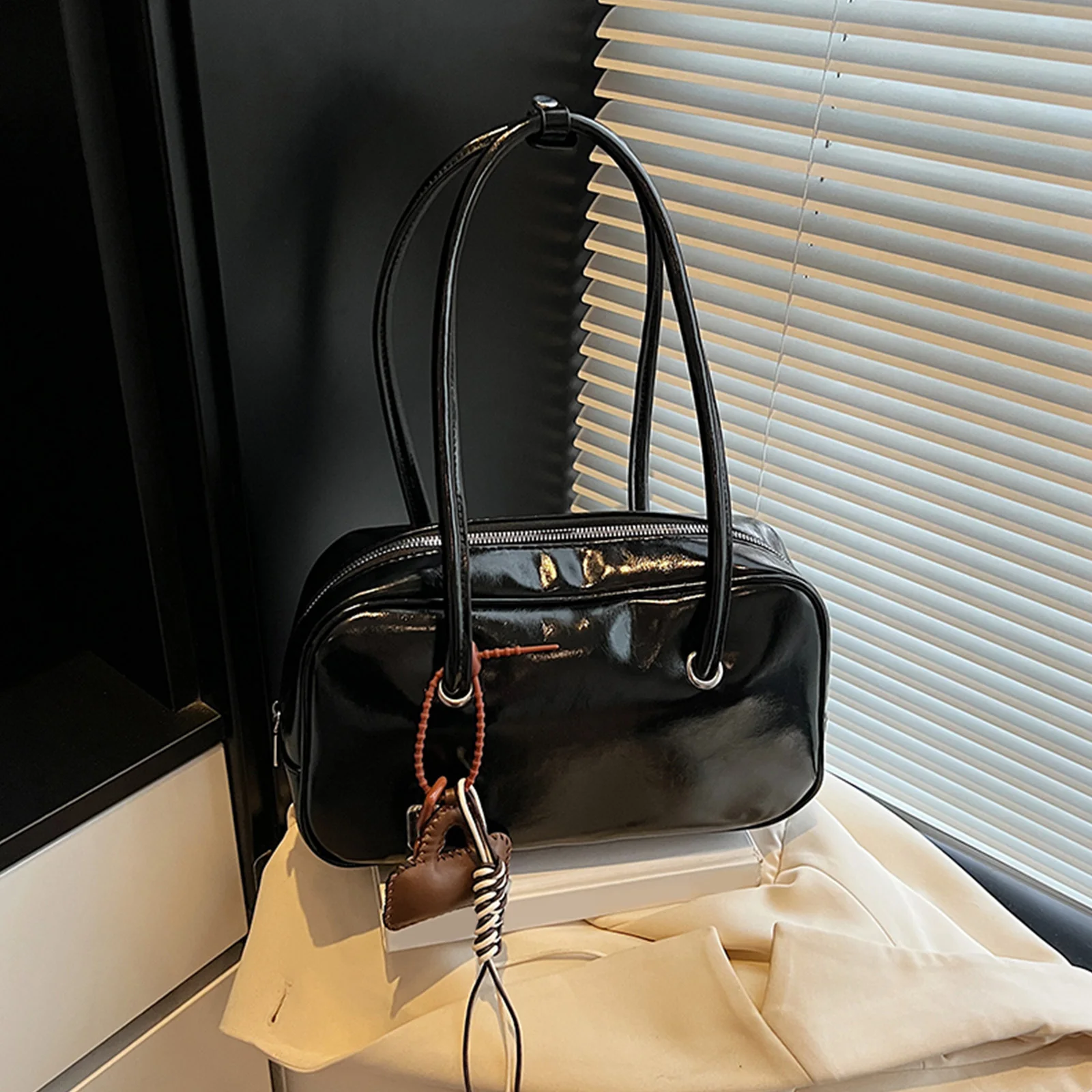 PU Leather Shoulder Bag Solid Color Versatile Bowling Bag with Pendant PU Leather Underarm Bag for Women and Girls
