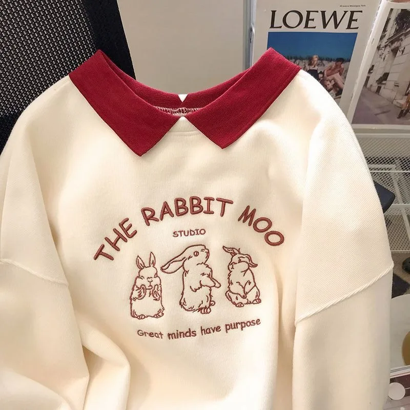 

Vintage Apricot Cute Rabbit Embroidery Sweatshirt POLO Shirt Preppy Female Loose Y2K Top Winter Hip Hop Street Kawaii Clothes