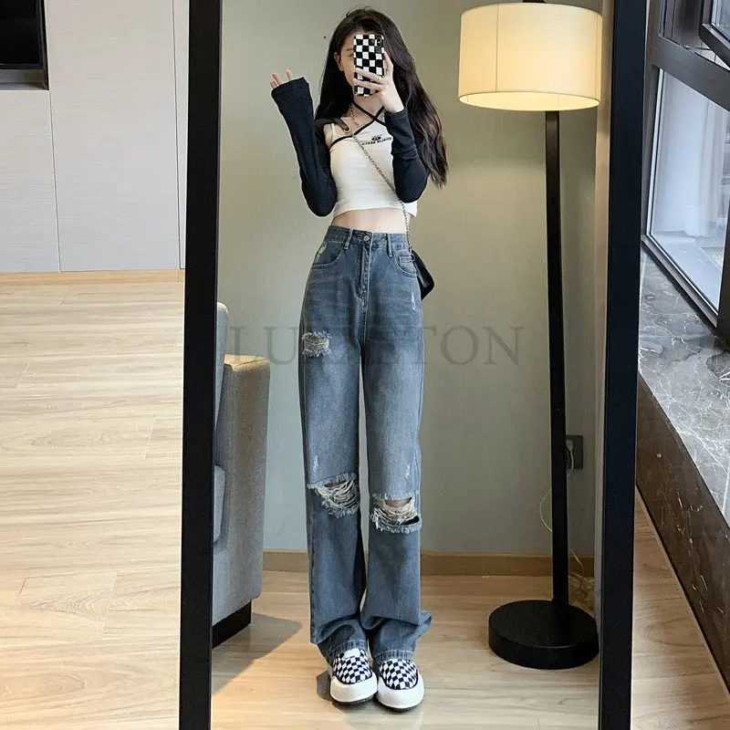 Selvagem Cintura Alta Roxo Calça Jeans Calças Mulheres Namorados Coreano  Largas Calças Jeans De Perna Streetwear Senhora Casual Calças De Brim  Frouxas De $249,73