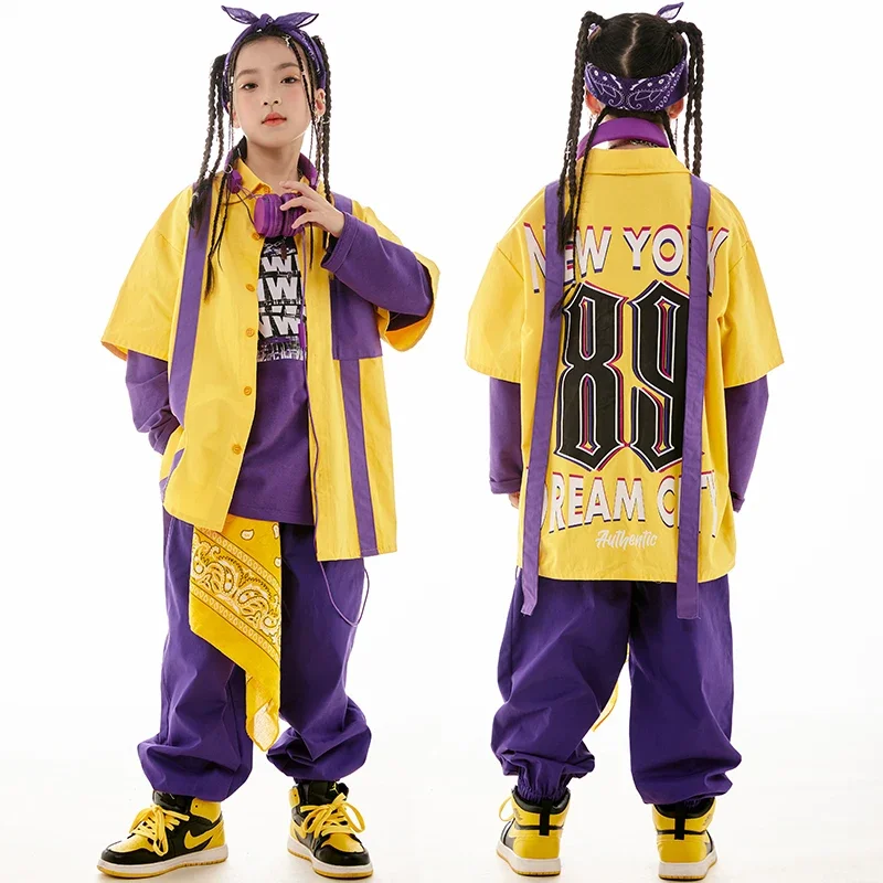 

Kids Loose Yellow coat Purple Pants Girls Jazz Dance Costume Boys Drum Hiphop Performance Clothing Street Hip Hop Clothes