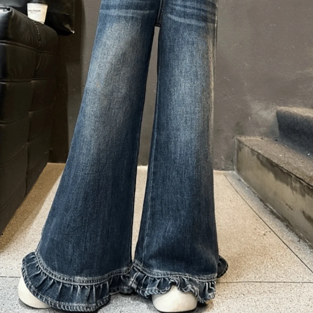 Wide Leg Pants Teen Girl Jeans Straight High Waist Children Ruffled Jeans Long Loose Streetwear Girls Denim Trousers