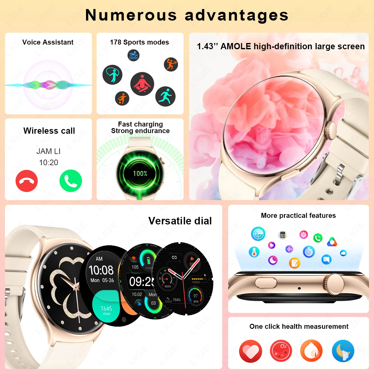 LIGE AMOLED 스크린 스마트 워치 2024 블루투스 통화 워치, 여성용 건강 모니터, 스포츠 피트니스 스마트워치, 1.43 인치, 신제품