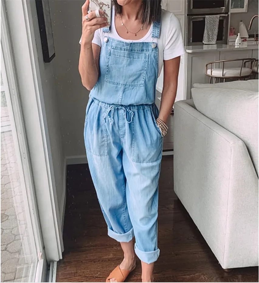 

Boho Beach Women's overalls Casual Drawstring Waist Loose Jumpsuits Summer 2023 Sleeveless Cotton Blue Denim Jumpsuits