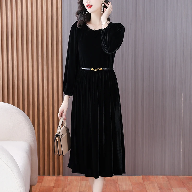 

Autumn Vintage Silk Dress Women's 2023 New Fashion Velvet Dress Korean Edition Black Round Neck Loose Fit Casual Vacation Vestid