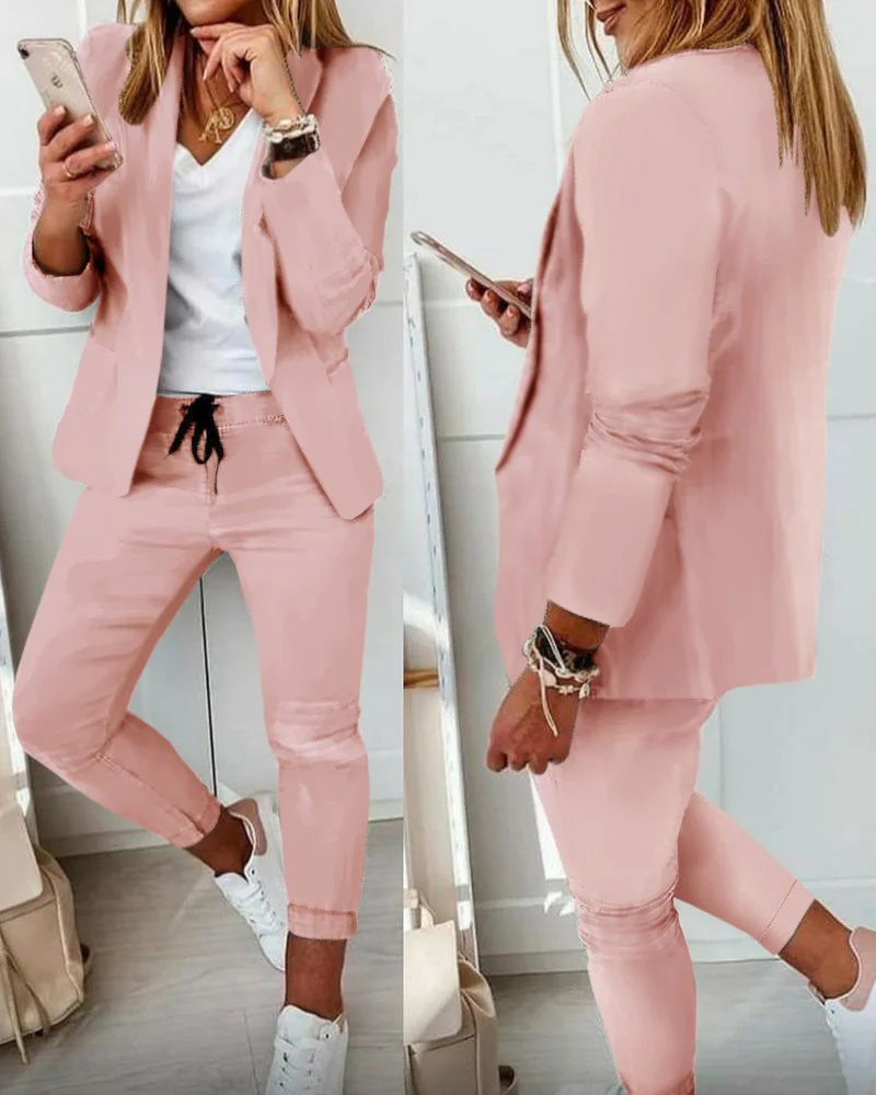 2023 Casual Suit Two Pieces for Women Simple Fashion Set Autumn Female Turndown Collar Solid Blazer and Pants Customized Set