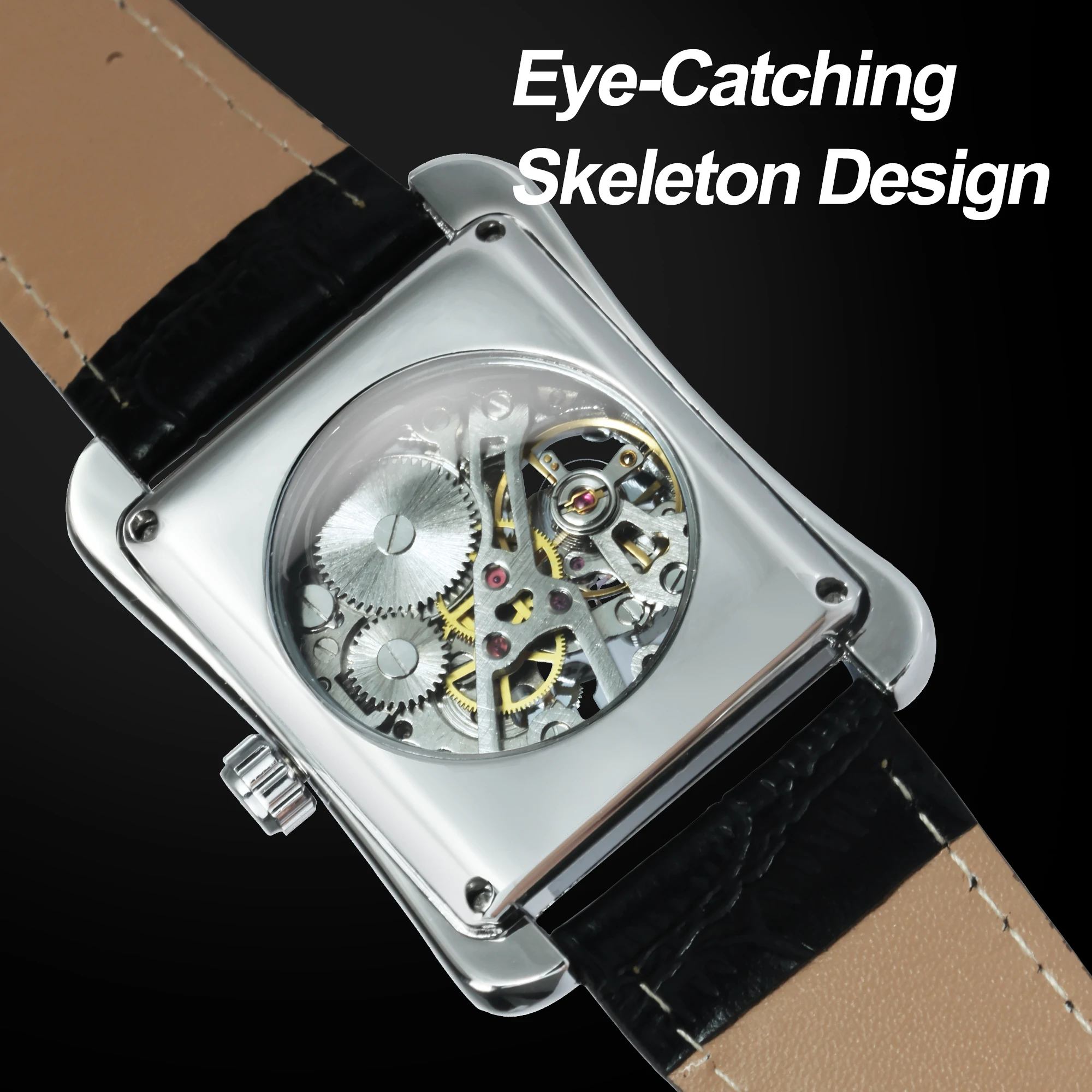 Men Watches WINNER Luxury Leather Strap Mechanical Wristwatch Silver Rectangle Fashion Gift horloges mannen