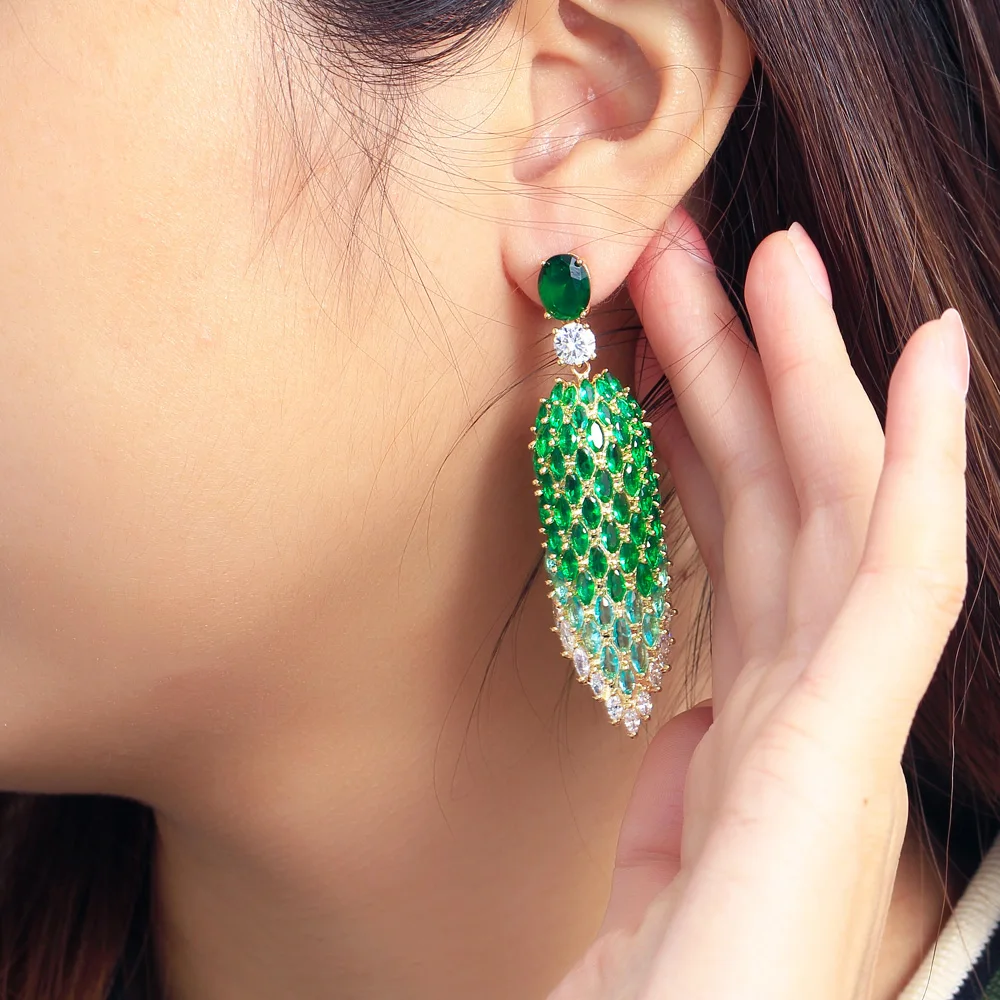 CWWZircons Fringed Marquise Cut Green Cubic Zirconia Stone Long Dangle Drop Chunky Luxury Wedding Party Earrings for Women CZ490