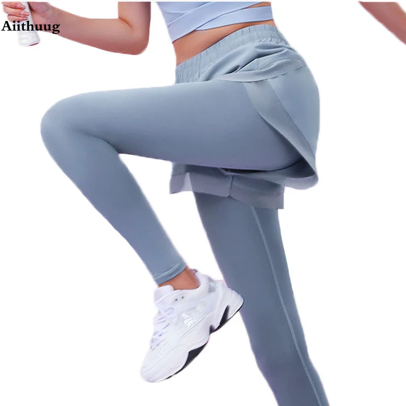 Aiithuug Women Running Leggings with Pocket High Waist 2 In 1 Yoga Pants  Wide Waistband Jogging Legging Gym Tights Golf Capriis - AliExpress