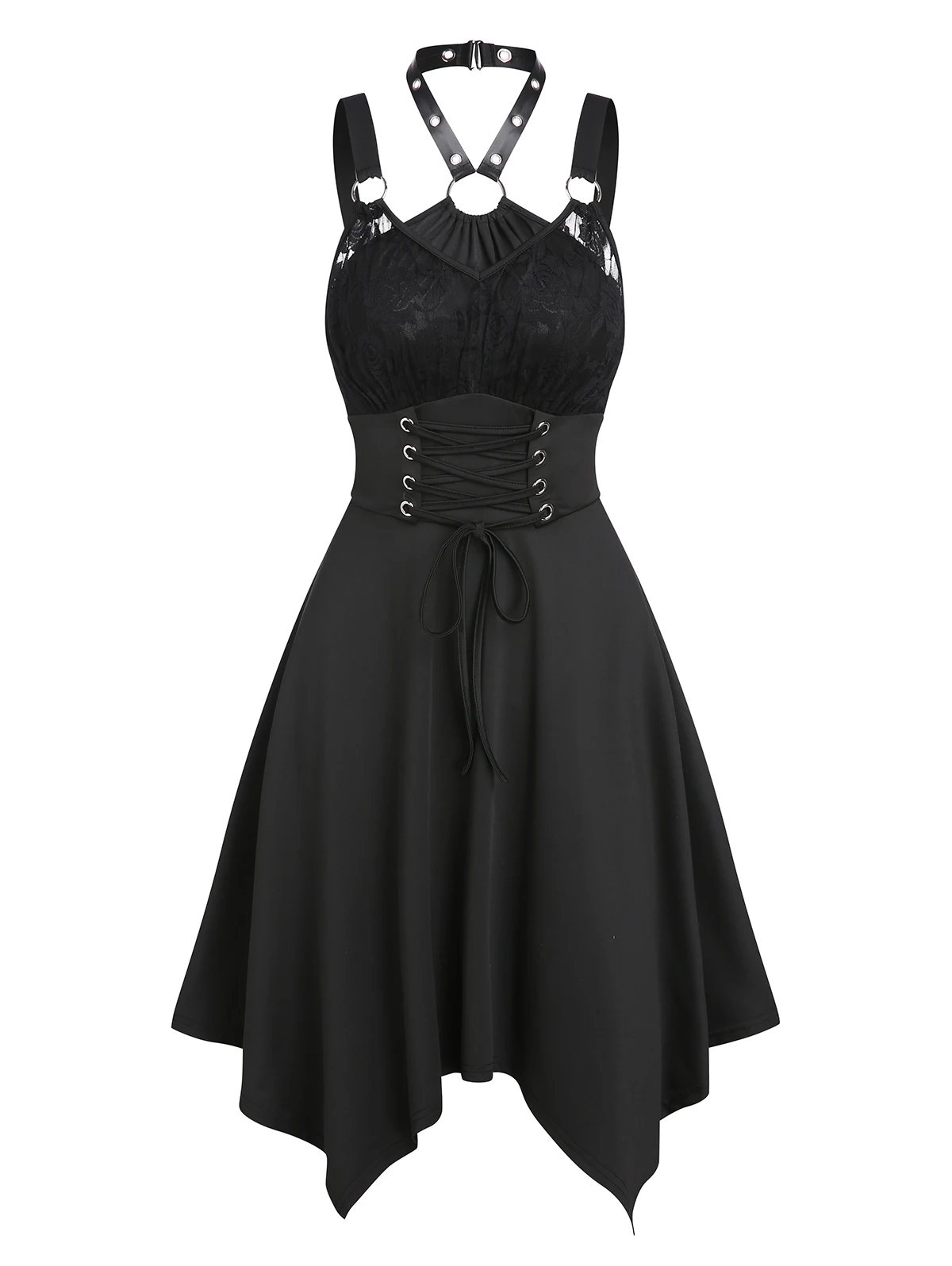 Sexy Chic Retro Gothic Faux Leather Insert Lace Up High Low Dress Woman Harajuku Jurken
