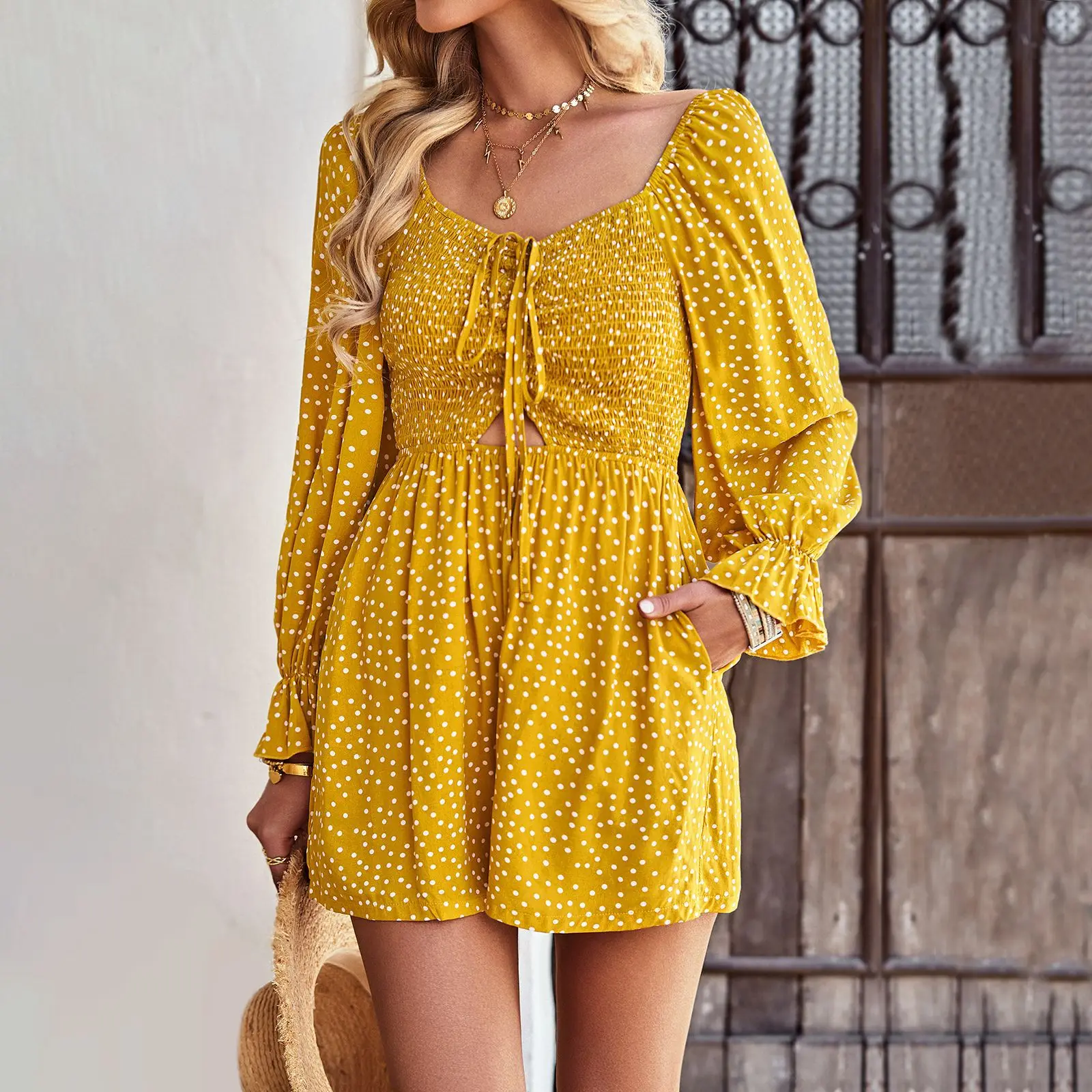 

Elegant Polka Dot Lantern Sleeve Fashion Jumpsuit Femininity Commuting Black Red Yellow Green Jumpsuit Chest Tie Elastic Rompers