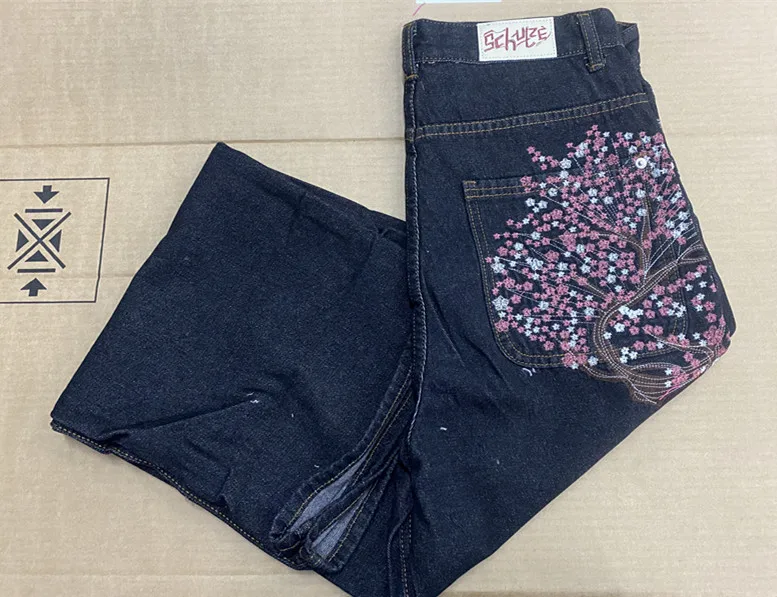 Vintage Low Waist Hip Hop Cherry Blossom Embroidered Jeans Wide Leg Trousers Y2K Clothes Mens Womes Embroidered Baggy Jeans 6