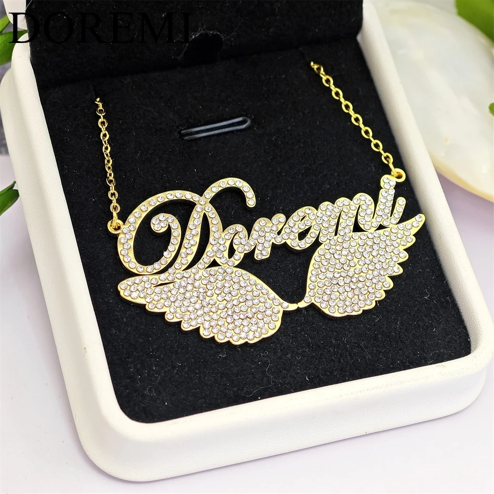 DOREMI Stainless Steel Cursive Crystal Zircon Name Necklace Girls Jewelry Custom Name Necklace Personalized Angel Wings Necklace doremi 9mm letter colorful zircon cuff bangle custom initial name hallow bangle personalized adjustable women gifts jewelry
