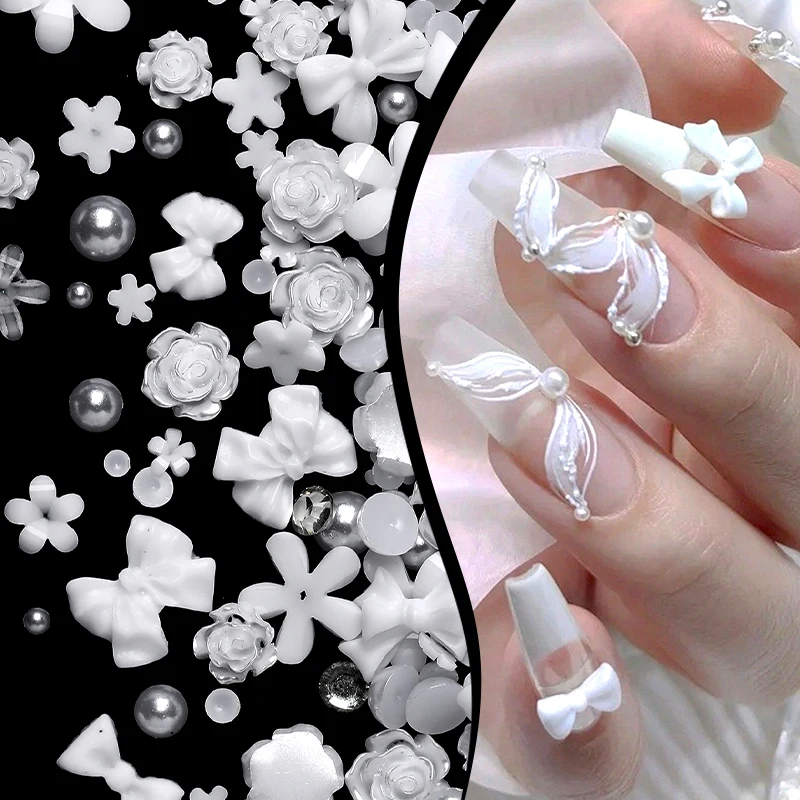 100/200pcs 3D Mixed Nail Decorations Kawaii Heart Flower Bear Pearl Design Rhinestone Nail Art Charms Jewelry Manicure Accessory 5