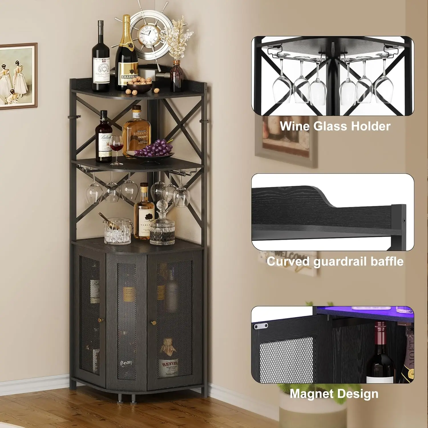 Industrial Corner Bar Cabinet with LED Lights, 5-Tier Wine Storage with Glass Holder and Door, Black Home Bar Furniture