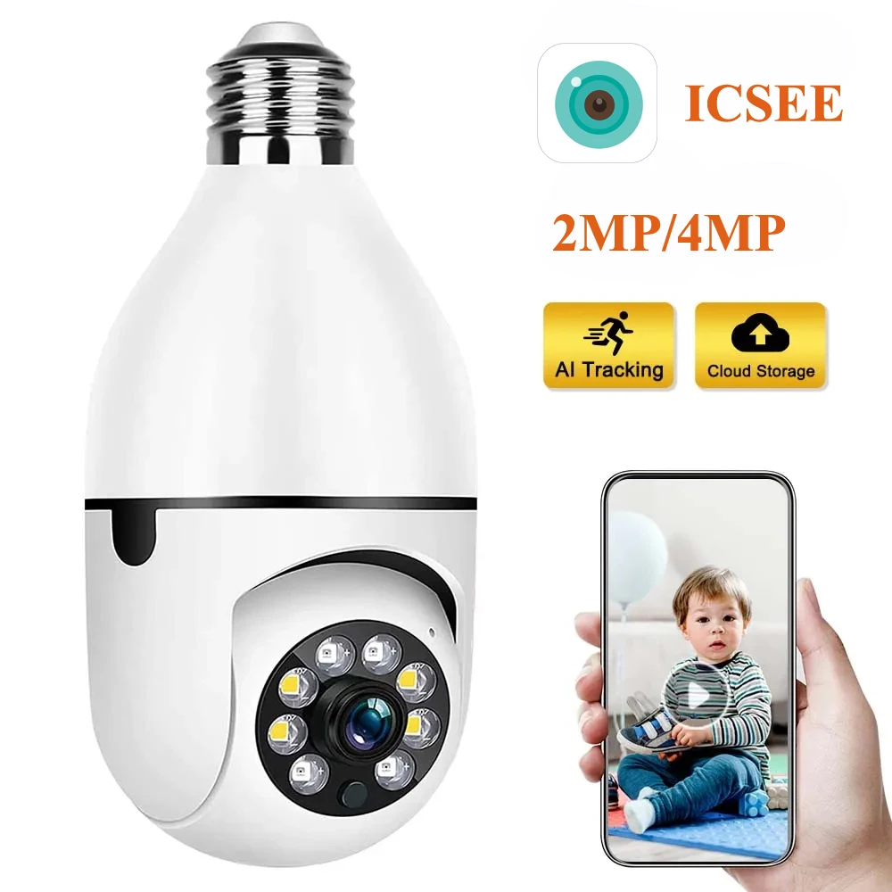 ICSEE E27 Wifi Bulb Camera 4MP Wifi PTZ Colorful Night Vision Two Way Audio Baby Monitor Auto Tracking Home Security CCTV Camera