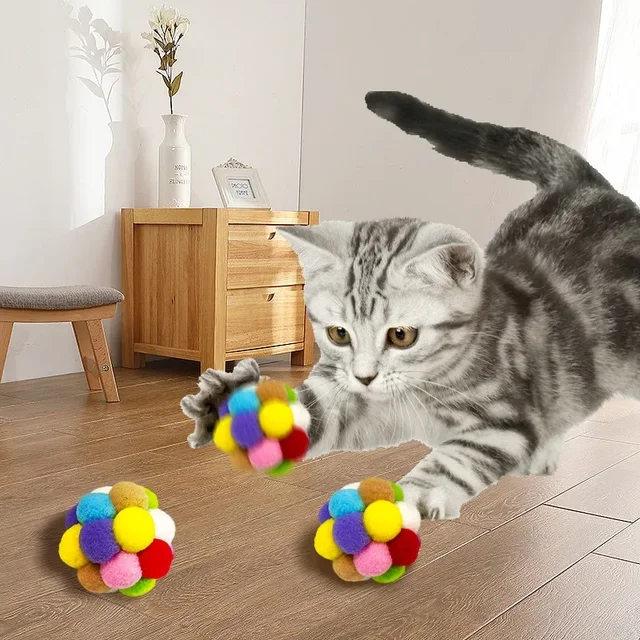 Colourful Cat Toy Plush Ball Interactive Pet Elastic Bell Self Hi Ball Playing Kitten Seven Colors Woolen Ball Cat Accessories 5