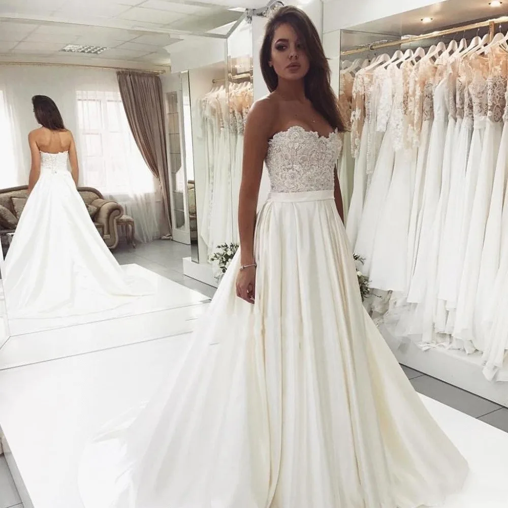 

ZJ9007 2023 White Ivory Wedding Dresses Strapless A line Satin Lace Beaded Bridal Dresses Princess Wedding Gown Customer Made