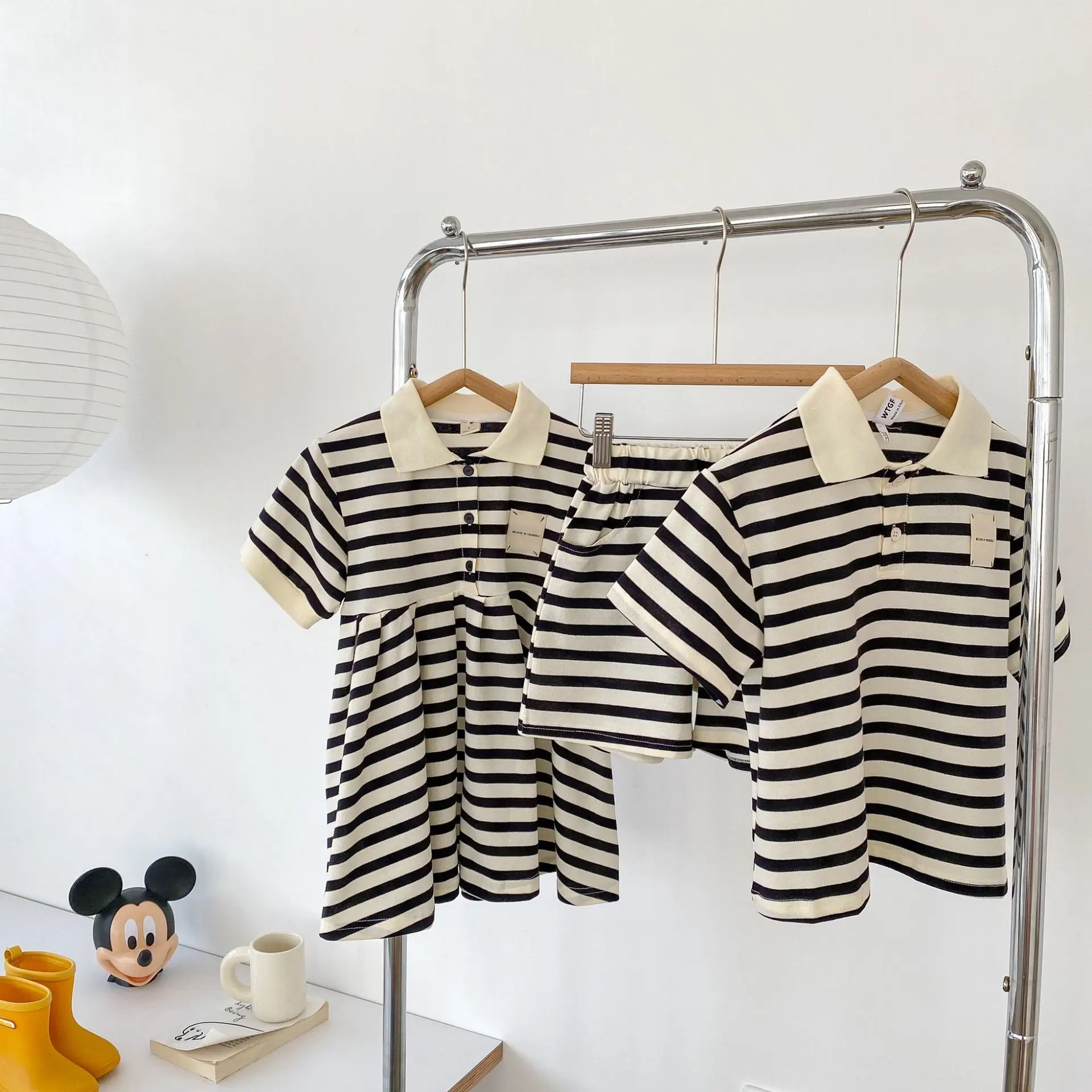 

Summer School Style Girl Children Striped Polo Casual Dress Boy Baby Cotton Short Sleeve Tops+Shorts 2pcs Brother Sister Outfits