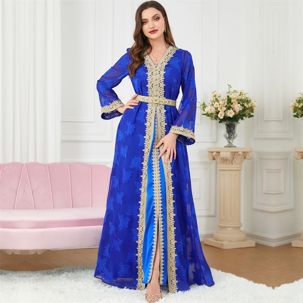 

Moroccan Kaftan 2 Pieces Abaya for Women Belted Gulf Jalabiya Ramadan Muslim Sets Evening Arabic Long Dresses Eid Abayas Caftan