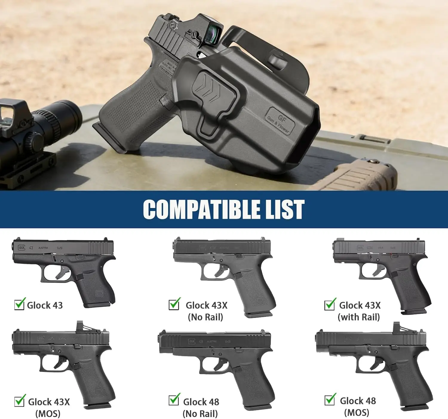 OWB Holster for Glock 43 43X 48 (MOS & Rail Versions),Also Fit G43X MOS,Level II Retention Outside Waistband Holster,Right hand