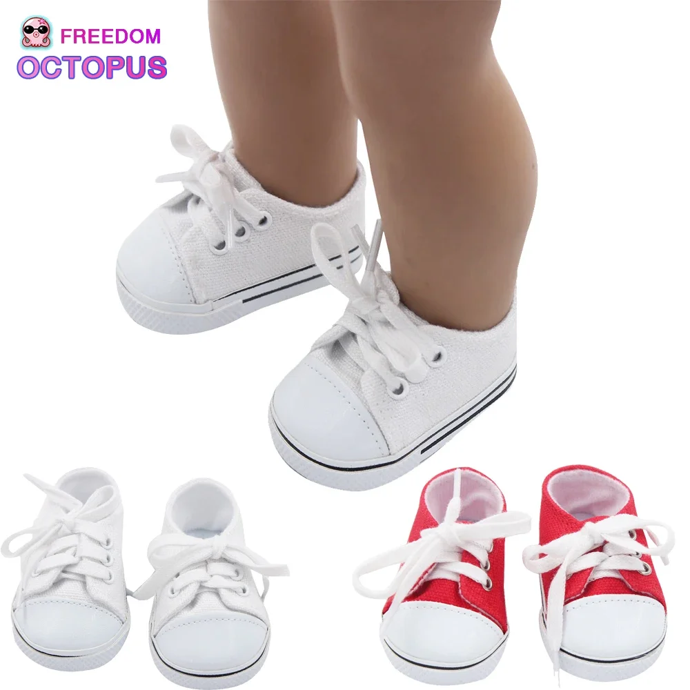 Fashion 43cm New Baby Doll Canvas Shoes Sneakers Shoes For 18 inch Girl Dolls Accessories Shoes Roundhead Lace-up Shoes Sock