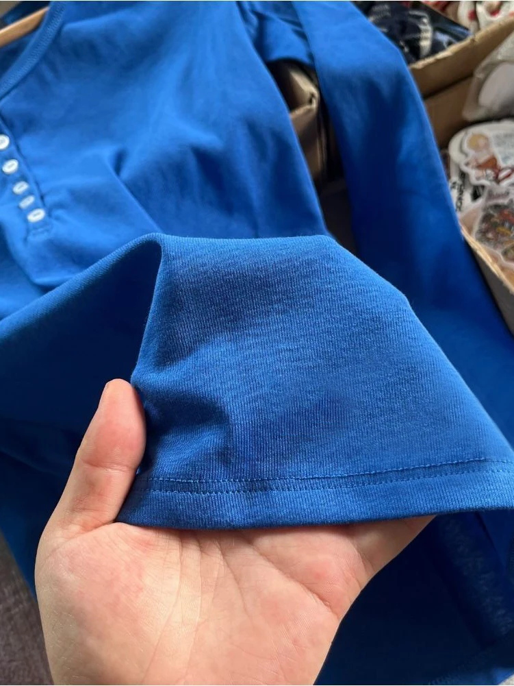 Six Buttons Royal Blue Long Sleeve T-shirts Women Autumn O-neck Cotton Slim Tee Tops New Preppy Style Solid Simple Basic Tshirts 5