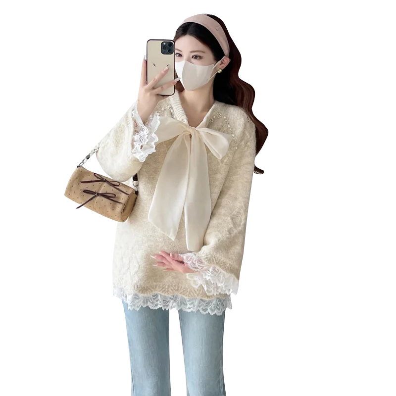 G82412 임산부 탑스 브이넥 리본 레이스 패치워크 탑스 여성용 신상품 엄마 임산부 탑스