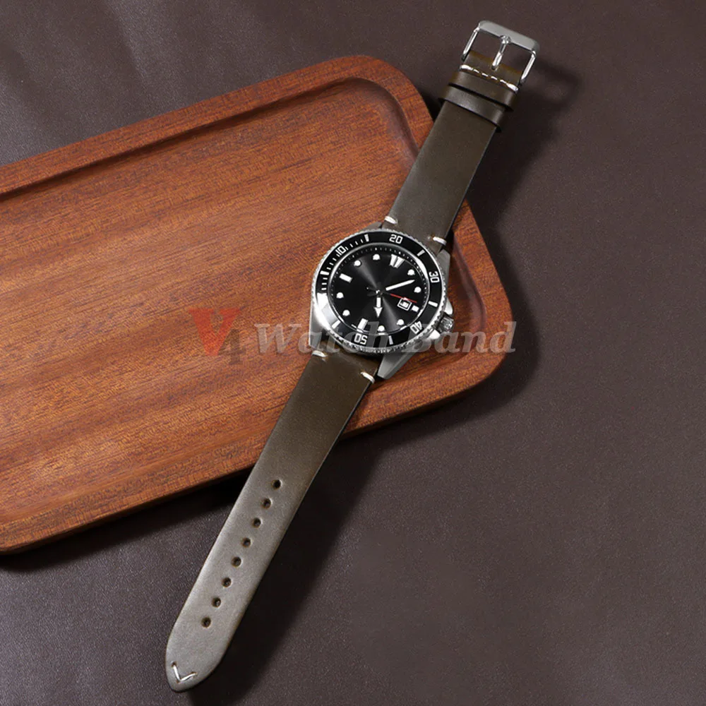 Vintage Brown Oil Wax Leather Watchband with Universal Stitching