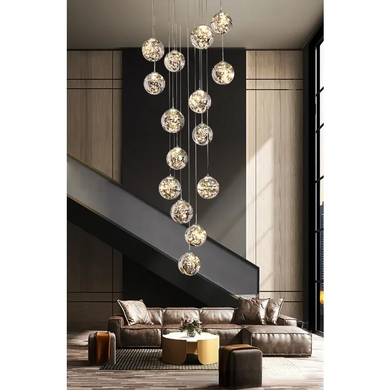 LED Modern Simple Starry Stair Lamp Long Chandelier Duplex Building Ceiling Light Luxury Villa Hollow Apartment Living Room