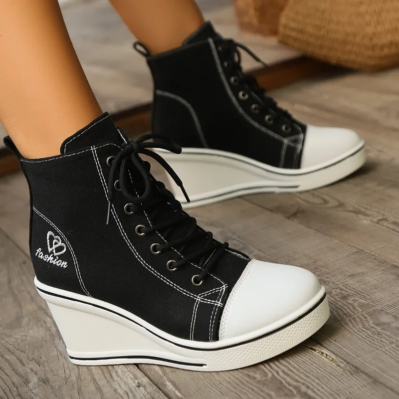 두꺼운 밑창 여성용 앵클 부츠, 웨지 캔버스 슈즈, 2024 뉴 스타일, 심플 트렌드, 캐주얼 패션, 겨울 워킹 클래식