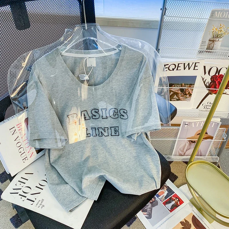 

Cotton Short Sleeve T-shirt Women's Summer 2023 Letter Embroidery Short Korean Round Neck Top Large Women's T-shirt