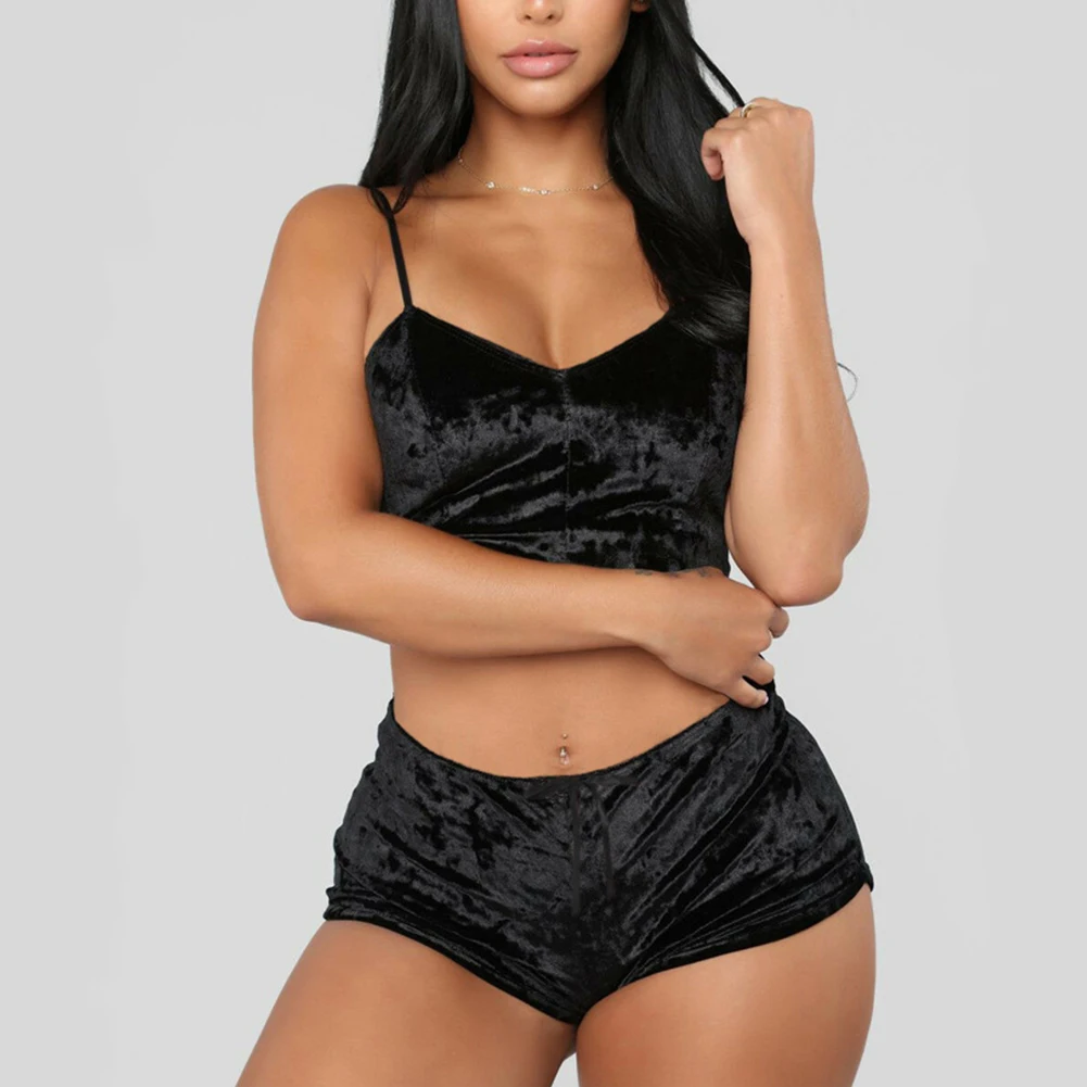 Frauen Sexy Dessous Set Öl Glänzende Nachtwäsche Super Weiche Kurze Nachtwäsche Ärmel Crop Tops Solide Shorts Pyjamas Set Casual Wear – Detail 5