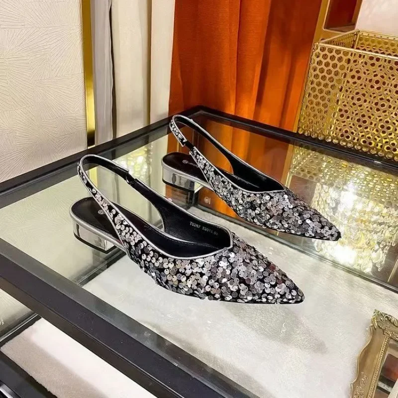 2024 Summer Pointed Toe Sandals Fashion Bling Slip on Singbacks Shoes Ladies Elegant Outdoor Thick with Sandalias Women's  Shoes 5