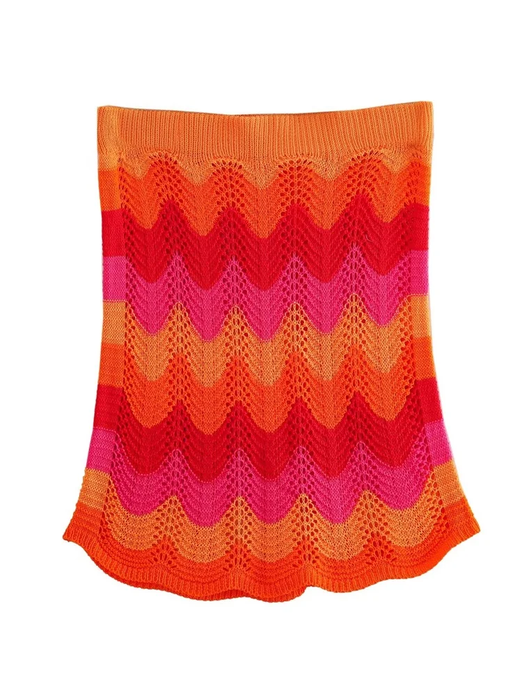 

ZXQJ 2023 Women Fashion Pointelle Knit Mini Skirt Vintage High Waist With Elastic Waistband Female Skirts Mujer