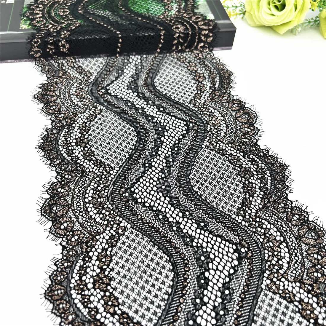 3y/lot Width 19.50cm Black With Rosegold Elastic Lace Trim Skirt Hem Underwear Sewing Craft DIY Apparel Fabric Lace For Clothing 6