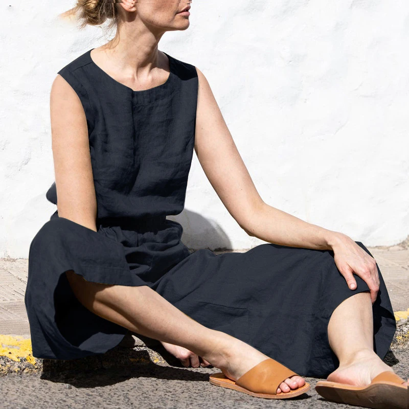 Summer Solid High Waist Sleeveless Jumpsuits For Women'S Fashion Casual Loose Fit Overall Wide Leg Pants Female One-Piece Suit