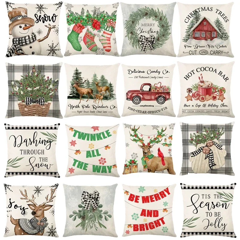 Linen Merry Christmas Pillow Cover 45x45cm Throw Pillowcase Winter Christmas Decorations for Home Tree Deer Sofa Cushion Cover
