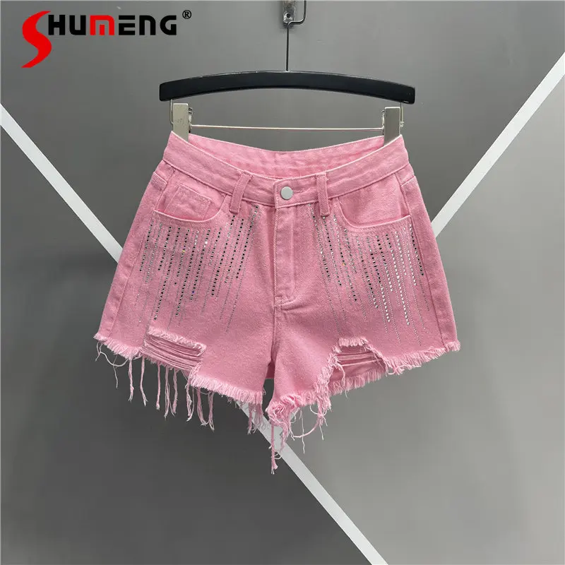 

Washed Heavy Embroidery Hot Drilling Denim Shorts for Women 2023 Summer New Personalized Loose Burrs Slimming Wide-Leg Pants