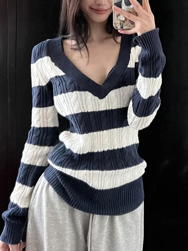 Fashion New Women's Striped V-neck Sweater Autumn and Winter Elegant Slim-fitting Long-sleeved Knitwear Bottoming Shirt