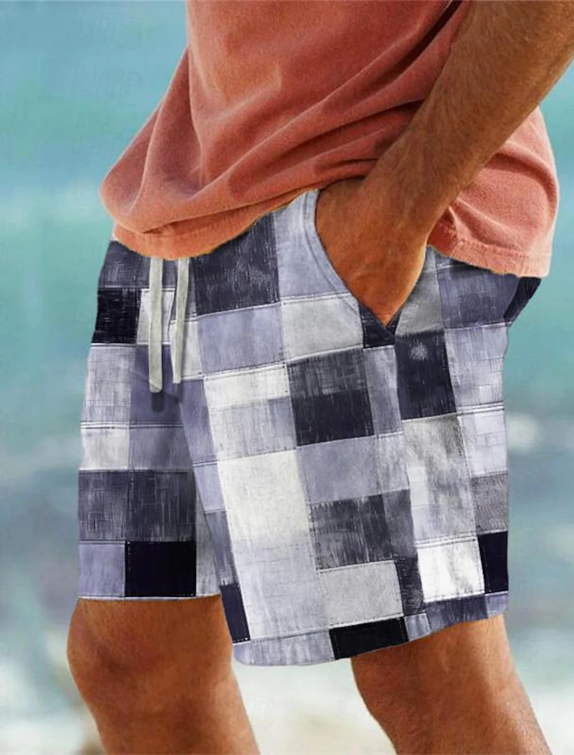 Men's Patchwork Plaid 3D Printed Beach Pants Men's Summer Breathable Shorts Fitness Street Shorts Men's Ropa Hombre 4