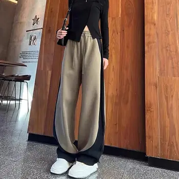 Pantaloni casual da donna a gamba larga larghi in pile a blocchi di colore per l'autunno inverno 1