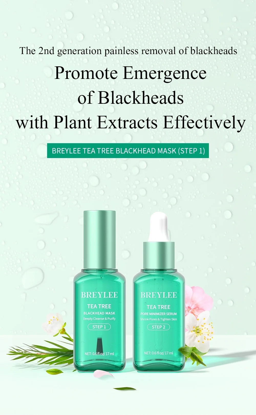 BREYLEE Tea Tree Blackhead Removal Mask Pore Minimizing Serum Acne Anti-Inflammatory Treatment Hydrating Facial Skin Care Set
