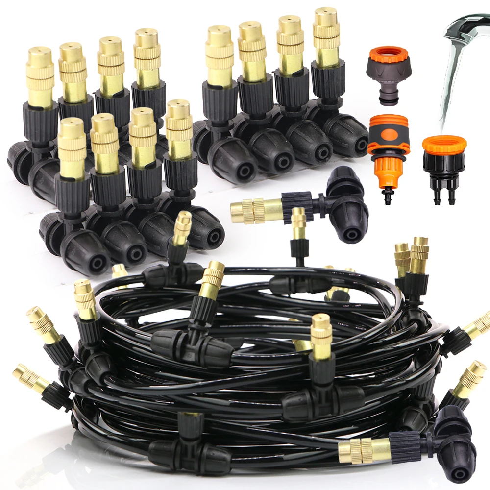 10/20/30M Garden 1/4" Hose Brass Nozzle Atomize Spray System for Summer Balcony Greenhouse Lawn Misting Cooling Irrigation Kit plant waterer garden hose kits plants irrigation kits garden hose drip irrigation kits garden misting nozzle brass atomizer misting nozzles watering nozzle garden misting kit garden irrigation kits garden tools drip irrigation tool