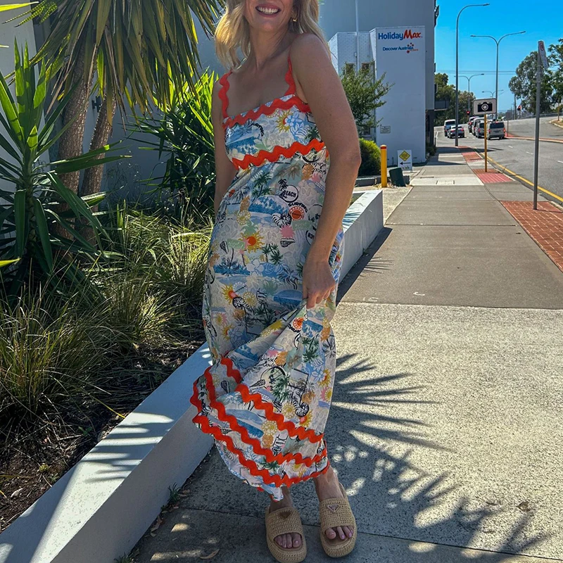 

Женское платье на бретельках, элегантное свободное Повседневное платье с квадратным вырезом, модное Плиссированное длинное платье с принтом и карманами