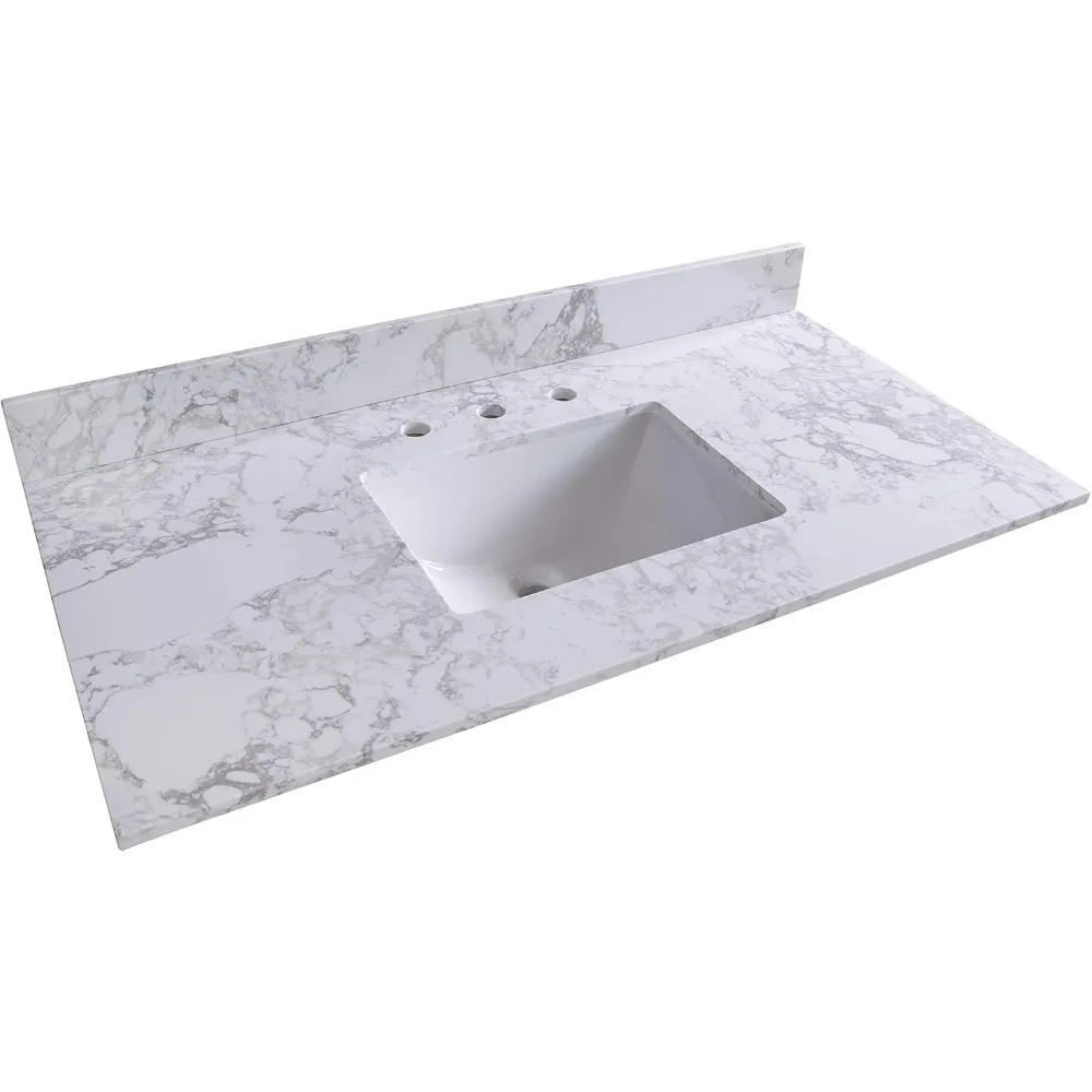 43"x 22" Bathroom Vanity Top ,White Marble Color With Rectangle Undermount Ceramic Sink And 3 Faucet Hole With Back Splash 2