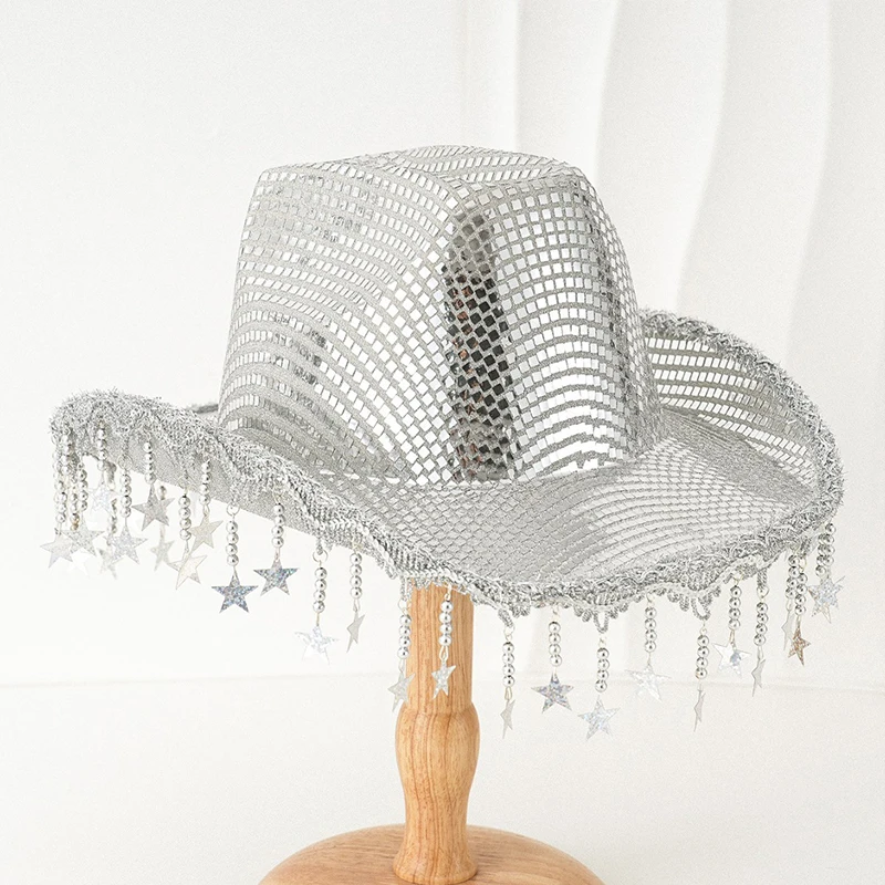 Bling Stars Tassel Cowgirl Hats Womens Mens Shiny Sequins Wide Brim Cowgirl Hat Western Themed Party Caps for Streetwear