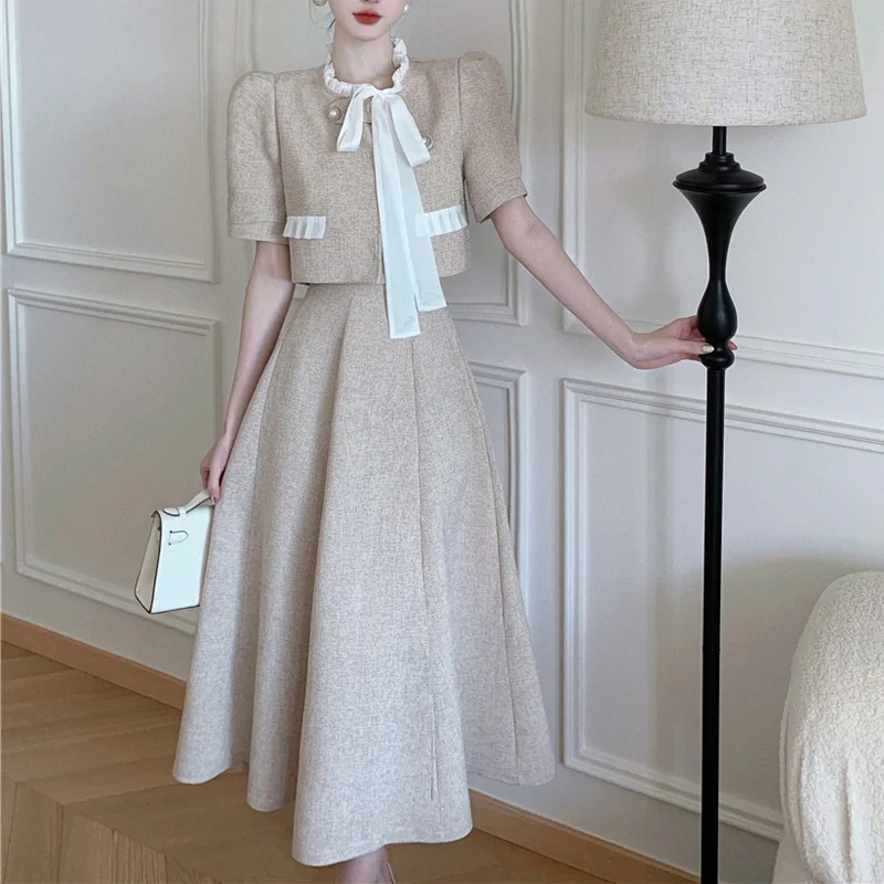 

High Quality Small Fragrance Two Piece Set Women Short Jacket Coat + Long Skirt Suits Korean Elegant Fashion OL 2 Piece Sets