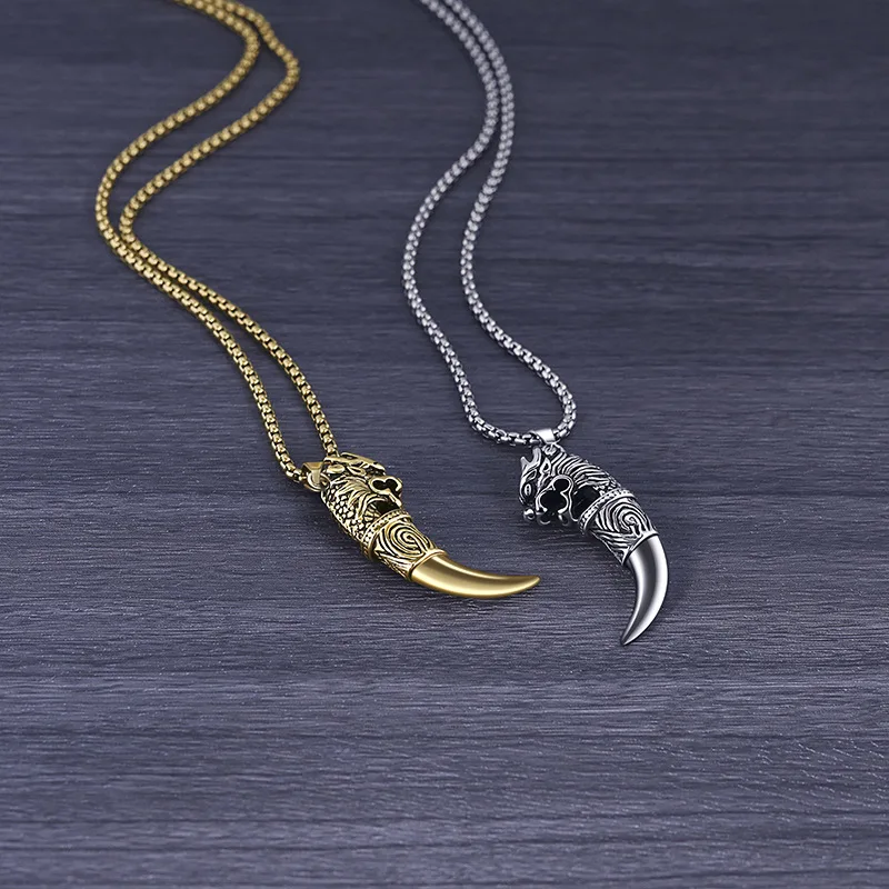 Retro Wolf Tooth Necklace Men Viking Norse Odin Rune Slavic Beast Totem Amulet Pendant Never Fade Stainless Steel Jewelry Gift